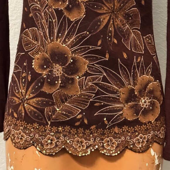 Viva You Top Womens Small Floral Print Baby Tee Shirt Vintage Y2K Sequins Glitte - Picture 3 of 7